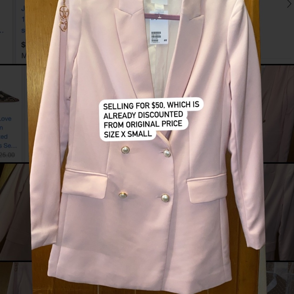 H&M h and m hm baby pink blazer long jacket pearl